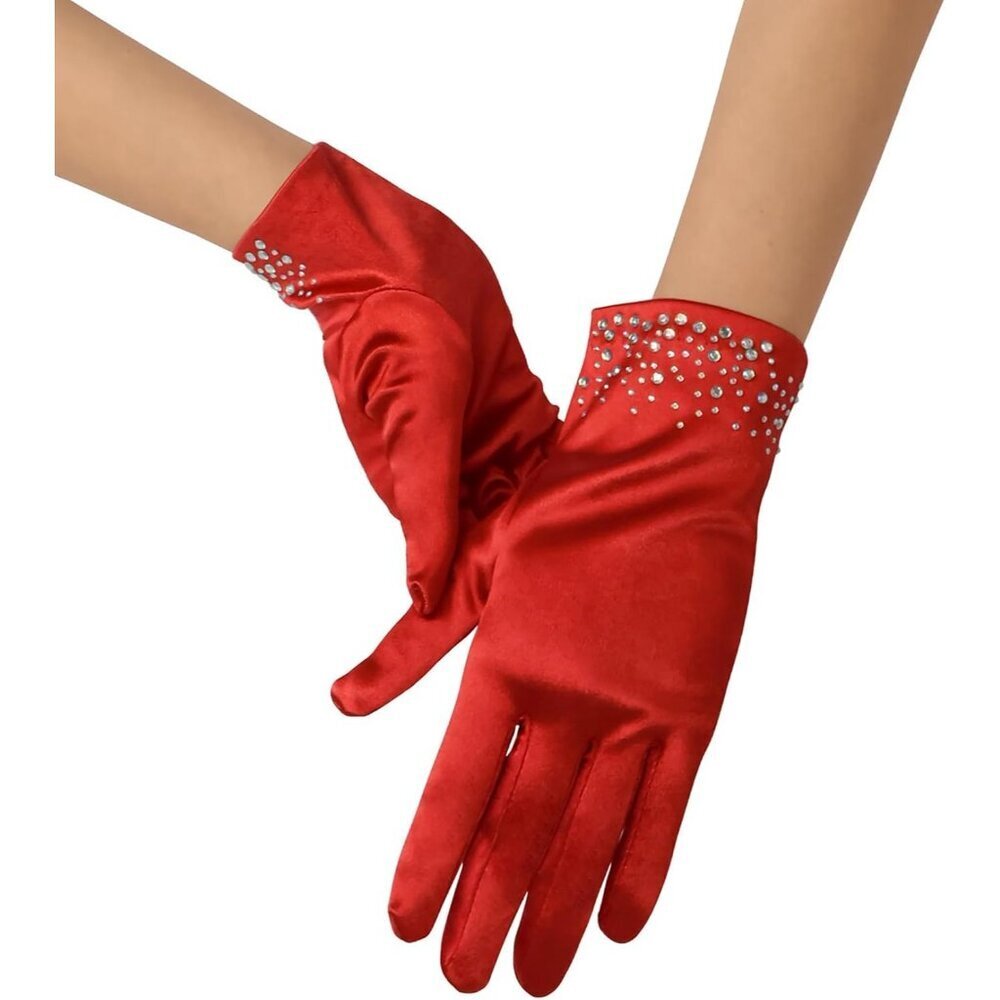 Women's Red Sparkly Glitter Rhinestone Stretchy Satin Wrist Length Gloves